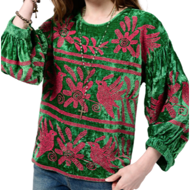 Festive Green Velvet and Red Embroidery Top