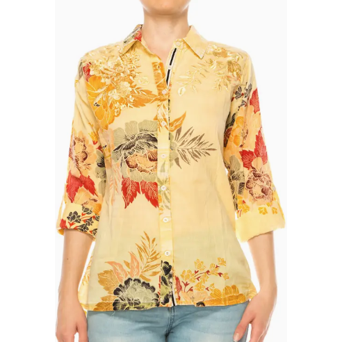 Vintage Yellow Printed Floral Shirt with Embroidary