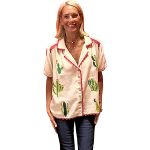 Embroidered Linen Cactus Bowling Shirt