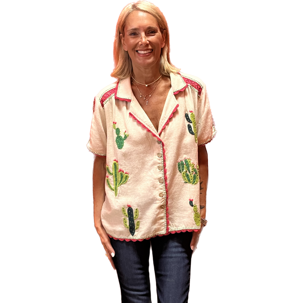 Embroidered Linen Cactus Bowling Shirt