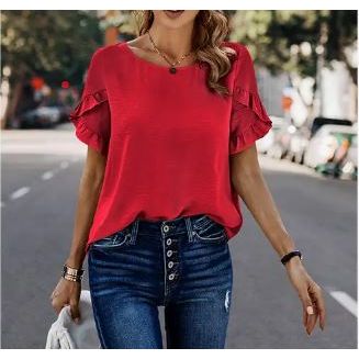 Round Neck Ruffle Sleeve Loose Fit Top