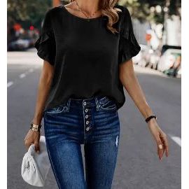 Round Neck Ruffle Sleeve Loose Fit Top