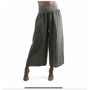 Banded Wide Leg Linen Crop Pocket Pants