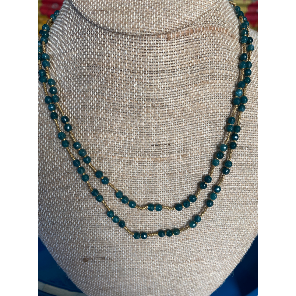Long Blue Green Agate & Gold Heishi Beads Necklace