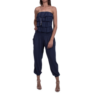 Strapless Knit Ruffle Jumpsuit with Pockets