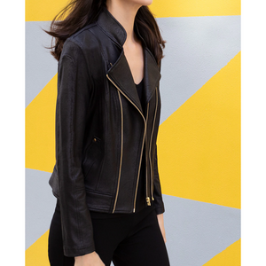 Faux Leather Double-Zippered Knit Jacket