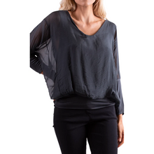 Load image into Gallery viewer, Deep V-Neck Banded Long Sleeve Silk Blouse
