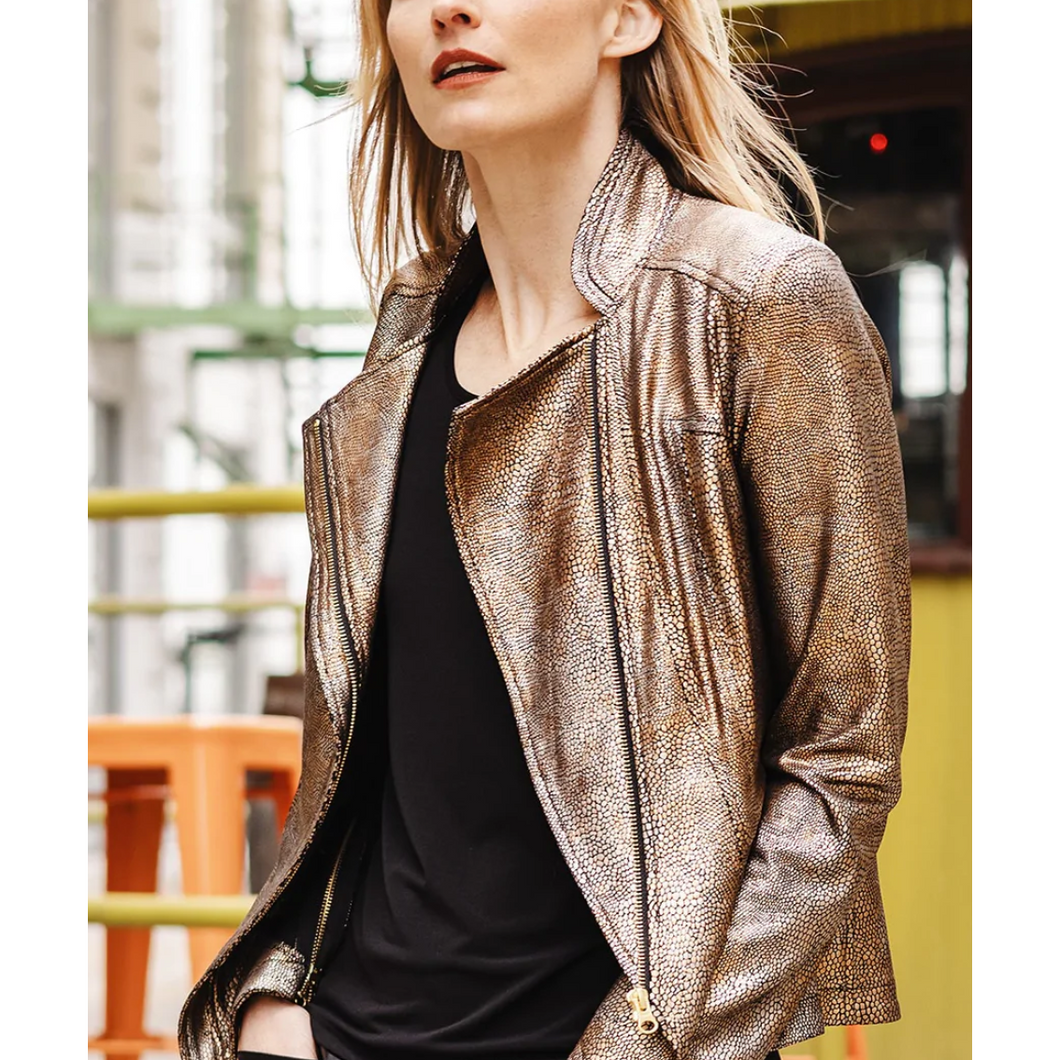 Metallic Faux Leather Zippered Stretch Knit Jacket