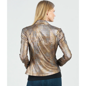 Metallic Faux Leather Zippered Stretch Knit Jacket