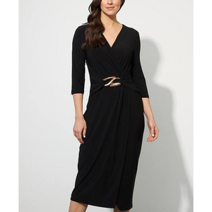 Draped Sheath Dress with Gold Buckle Front