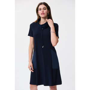 Short Sleeve Taffeta & Knit Cowl Grommet Neckline Pocket Dress