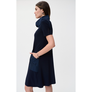 Short Sleeve Taffeta & Knit Cowl Grommet Neckline Pocket Dress