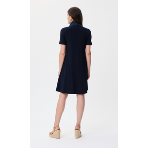 Short Sleeve Taffeta & Knit Cowl Grommet Neckline Pocket Dress