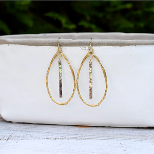 Gold Bronze Teardrop  with Silver Bar Earrings